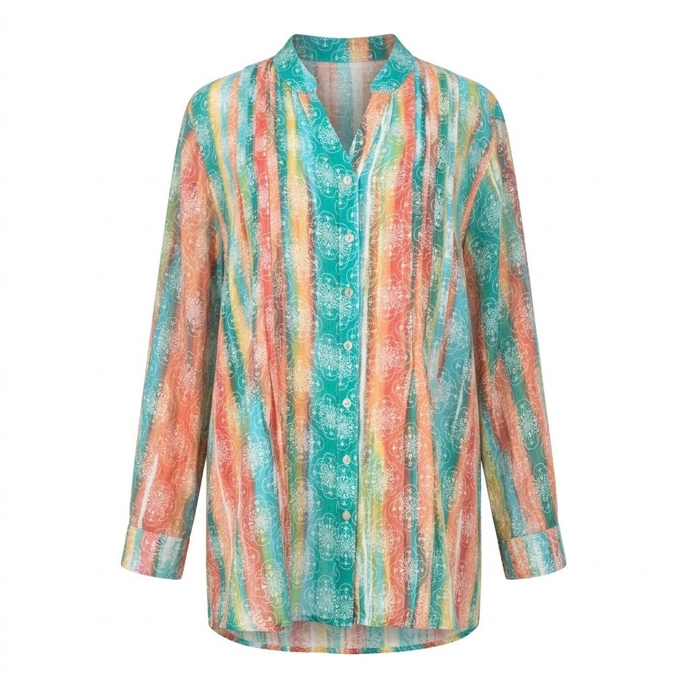 NEW Ruby Rd Woman 1X Rainbow Stripe Paisley Button Front Roll Tab Sleeve Shirt - Picture 1 of 10